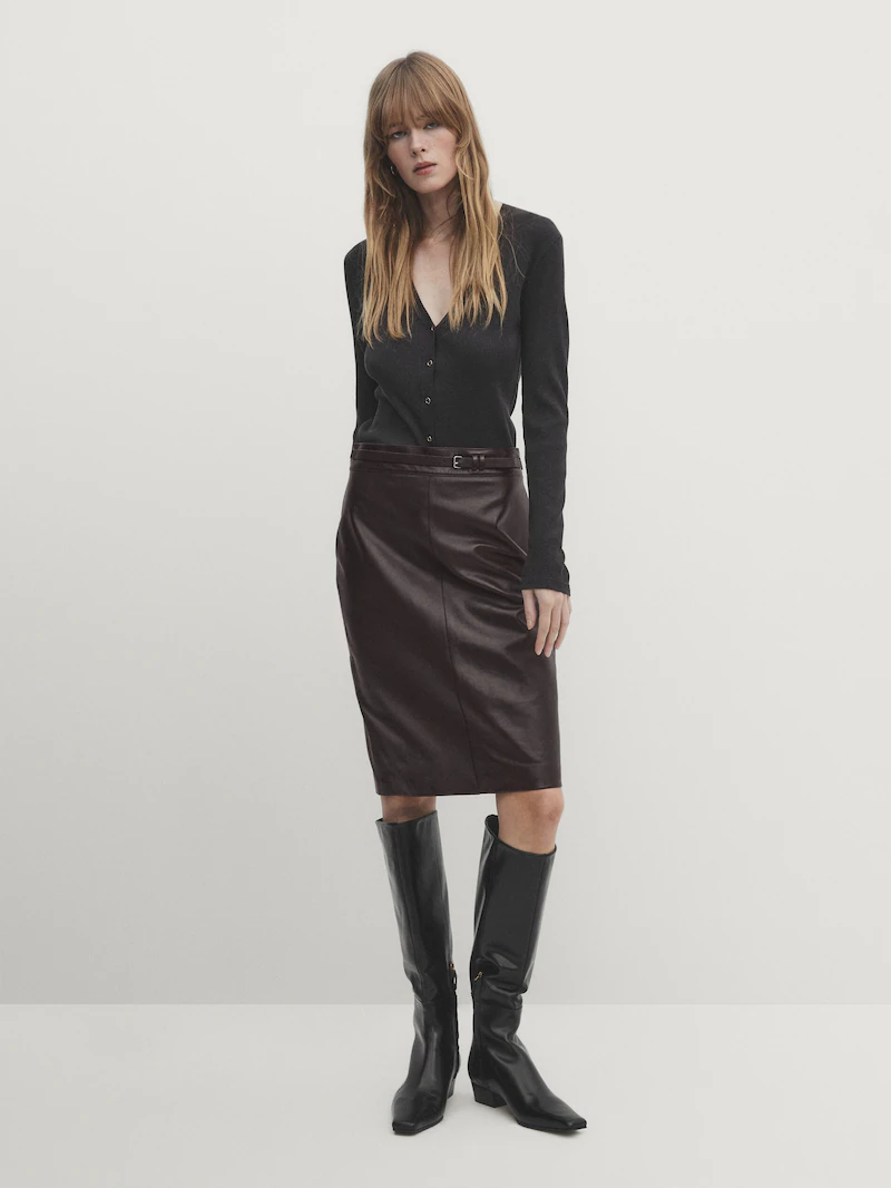 Massimo Dutti Nappa leather midi skirt with belt 75 995 Ft